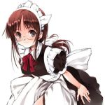  1girl black_eyes brown_hair frills glasses koin_(foxmark) leaning_forward logo looking_at_viewer lowres maid maid_headdress original photoshop simple_background smile solo white_background 