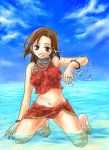  1girl bikini brown_eyes brown_hair final_fantasy final_fantasy_xi hume jewelry kneeling lowres necklace ocean outdoors sky solo swimsuit tankini 