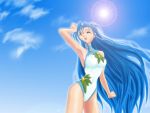  blue_hair casual_one-piece_swimsuit clenched_hand facial_mark forehead_mark from_below long_hair one-piece_swimsuit pink_eyes red_eyes sky sun swimsuit tenchi_muyou! tsunami_(tenchi_muyou!) very_long_hair wallpaper wince 