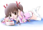 bed cake food legs_up lying on_stomach pastry thigh-highs twintails 