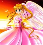  angel_wings arm_gloves blonde_hair blue_eyes dress elbow_gloves feathers gloves hair_ribbon kanon long_hair ribbon sawatari_makoto sunset translation_request twintails wings 