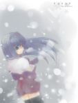  1girl blue_hair character_name copyright_name expressionless green_eyes kanon long_hair looking_away minase_nayuki school_uniform serafuku snow snowflakes snowing solo thigh-highs wind zettai_ryouiki 