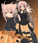  2girls animal_ears asou_asuna cat_ears female halftone halftone_background halloween happy_halloween kagurazaka_asuna mahou_sensei_negima! multiple_girls negi_springfield striped striped_legwear tamura_hiro thigh-highs zettai_ryouiki 