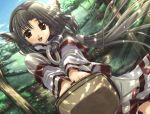  1girl amazuyu_tatsuki animal_ears basket brown_eyes brown_hair dappled_sunlight dog_ears dutch_angle eruruw field floating_hair forest game_cg holding japanese_clothes jpeg_artifacts leaf_(studio) looking_at_viewer nature open_mouth sky solo sunlight traditional_clothes tree utawareru_mono 