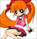  1girl akazutsumi_momoko bare_shoulders belt belt_buckle black_gloves blush bracelet buckle buttons choker comic dress earrings fingerless_gloves gloves hyper_blossom jewelry looking_at_viewer lowres open_clothes open_vest pink_dress powerpuff_girls powerpuff_girls_z red_eyes simple_background solo unbuttoned vest white_background 