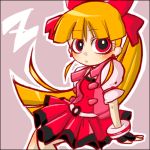  1girl akazutsumi_momoko belt blonde_hair bow dress earrings fingerless_gloves gloves hair_bow hyper_blossom jewelry lowres outline ponytail powerpuff_girls powerpuff_girls_z puffy_short_sleeves puffy_sleeves red_eyes short_sleeves sidelocks sitting solo vest wristband 