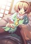  1boy 1girl blonde_hair child hetero higurashi_no_naku_koro_ni houjou_satoko maebara_keiichi pantyhose skirt skirt_lift solo tomose_shunsaku 