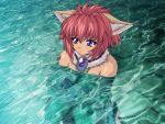  1girl animal_ears bare_shoulders blue_eyes brave_soul breast_hold breasts cat_ears fur game_cg knees_on_chest knees_to_chest leg_hug marin_(brave_soul) mogudan outdoors redhead short_hair sitting solo water wet 