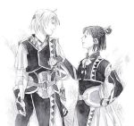  1boy 1girl ahoge arms_at_sides bow bowtie closed_mouth collarbone cowboy_shot elbow_gloves eye_contact fingerless_gloves freyjadour_falenas gensou_suikoden gensou_suikoden_v gloves greyscale hair_tubes hand_holding hand_on_hip headband looking_at_another lowres lyon monochrome ponytail sidelocks simple_background smile standing white_background 