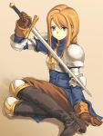  1girl agrias_oaks armor blonde_hair blue_eyes boots final_fantasy final_fantasy_tactics gradient gradient_background solo sword weapon yuuki_keisuke 