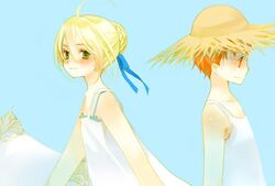  1boy 1girl ahoge artoria_pendragon_(all) blonde_hair child couple emiya_shirou fate/stay_night fate_(series) green_eyes hat hetero matsuzaki ribbon saber straw_hat younger 