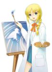  1girl aqua_eyes blonde_hair bow braid canvas_(object) dasoku_sentarou easel glasses labcoat open_mouth original paintbrush painting painting_(object) palette ribbon smile solo 