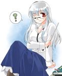  1girl bespectacled breasts coco_(artist) female glasses gradient gradient_background kamishirasawa_keine long_hair pantyhose pointer solo teacher touhou white_background 