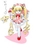  1girl :d baton blonde_hair blue_eyes card_captor_sakura cosplay gloves hat imai_kazunari kero kero_(cosplay) kinomoto_sakura kinomoto_sakura_(cosplay) kunkun long_hair one_eye_closed open_mouth parody pink_hat rozen_maiden shinku smile solo thigh-highs twintails white_gloves 