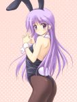  1boy animal_ears ass bow bowtie bunny_tail bunnysuit crossdressinging detached_collar happiness! leotard long_hair looking_at_viewer male_focus masakichi_(crossroad) pantyhose purple_hair rabbit_ears solo tail trap violet_eyes watarase_jun wrist_cuffs 