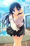  1girl adjusting_hair blue_eyes blue_hair city fountain game_cg hands highres kaneda_haruka nishizaki_eimu outdoors outstretched_arm outstretched_hand reaching skirt solo tokyo_fuusa wind 