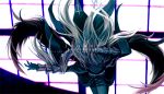  00s 1girl bent_over black_dress black_wings cowboy_shot dress frilled_sleeves frills hand_on_head long_hair long_sleeves looking_to_the_side outstretched_arm pink_eyes rozen_maiden silver_hair solo suigintou very_long_hair wings 