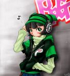  1girl against_wall bangs beanie black_hair blunt_bangs buttercup_(ppg) cartoon_network clothes_writing contemporary green_eyes hand_in_pocket hat heart long_sleeves looking_at_viewer matsubara_kaoru musical_note powerpuff_girls powerpuff_girls_z quaver short_hair solo standing zipper 