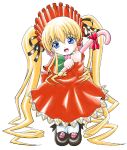  00s 1girl bangs black_shoes blonde_hair blue_eyes blush bonnet cane dress imai_kazunari long_hair looking_at_viewer open_mouth red_dress rozen_maiden shinku shoes solo standing twintails white_background white_legwear 