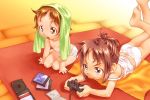  2girls camisole child game_console multiple_girls panties panties_only playing_games playstation playstation_2 strap_slip topless towel underwear underwear_only video_game white_panties 