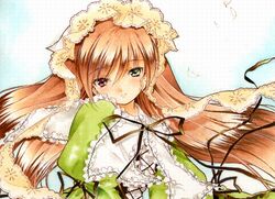  00s 1girl brown_hair green_clothes heterochromia long_hair looking_at_viewer lu_petit rozen_maiden solo straightchromia suiseiseki upper_body 