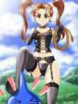  &gt;_&lt; 1girl alternate_costume bdsm black_gloves black_panties blue_skin blurry breasts buckle bustier center_opening cleavage closed_eyes clouds collar crop_top depth_of_field dominatrix dragon_quest dragon_quest_viii earrings elbow_gloves evil_smile femdom garter_belt garter_straps gloves grass grey_legwear groin holding jessica_albert jewelry lace lace-trimmed_thighhighs leather lingerie long_hair looking_at_viewer midriff monster mound_of_venus mountain nature navel orange_eyes orange_hair outdoors pain panties scrunchie shiny shiny_clothes shoes single_earring size_difference sky slime slime_(dragon_quest) smile square_enix standing stepped_on tears thigh-highs tree underwear underwear_only weapon whip wide_hips wince 