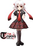  1girl cross earrings gothic jewelry looking_at_viewer miniskirt necktie nimura_yuuji petite plaid plaid_skirt red_eyes riona riona_(triptych) saiga_(company) short_hair simple_background skirt solo thigh-highs triptych white_background white_hair 