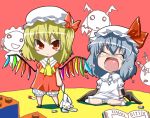  2girls bat_wings blonde_hair blue_hair child_drawing closed_eyes crying female flandre_scarlet gengorou hat hong_meiling izayoi_sakuya knife koakuma multiple_girls red_eyes remilia_scarlet siblings sisters stuffed_animal stuffed_toy teardrop tears touhou wings 