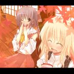  3girls :d ^_^ ^o^ alcohol alice_margatroid ascot autumn autumn_leaves blonde_hair blush brown_hair closed_eyes detached_sleeves drinking female hakurei_reimu kirisame_marisa long_hair long_sleeves lowres multiple_girls open_mouth red_skirt rikudou_inuhiko sake sitting skirt smile touhou tree tree_branch upper_body very_long_hair 