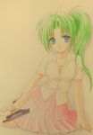  1girl green_hair gun handgun higurashi_no_naku_koro_ni houjou_yutori pistol solo sonozaki_mion weapon 