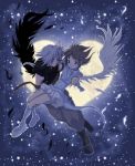  blue_eyes boots brown_hair carrying demon demon_boy demon_girl flying hair_over_one_eye heart knee_boots messa messa(artist) moon moonlight night princess_carry short_hair skirt star white_hair wings 