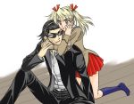  &gt;:o 00s 1boy 1girl :o asphyxiation belt black_hair blonde_hair bow brown_eyes choke_hold choking footwear formal hair_bow hairband harima_kenji hug kneeling long_sleeves sawachika_eri school_rumble school_uniform sitting skirt socks strangling suit sunglasses sweat sweatdrop twintails 