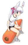  1girl :o animal_ears bruise buruma carrot grey_eyes gym_uniform hairband injury one_eye_closed original oversized_object ponytail rabbit_ears shoes simple_background sitting sneakers socks solo usa_(yamai) white_background white_hair wink yamai 