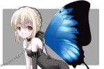  1girl arm_strap bare_shoulders black_dress bow buckle butterfly_wings chains collar collarbone dress fate/stay_night fate_(series) gloves grey_background leaning_forward leash looking_at_viewer navel parted_lips saber saber_alter sidelocks single_sleeve solo two-tone_background white_background wings yellow_eyes 