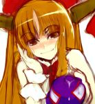  1girl alcohol blush bow brown_hair eyebrows eyebrows_visible_through_hair female gourd hair_bow hair_in_mouth hand_on_own_face horn horns ibuki_suika long_hair nokishita orange_hair shirt sleeveless sleeveless_shirt smile solo touhou upper_body wrist_cuffs 