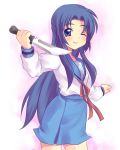  1girl asakura_ryouko knife mei school_uniform serafuku smile solo subaru_(yachika) suzumiya_haruhi_no_yuuutsu wink 