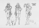  1girl ass boots character_sheet dominura drill_hair fingerless_gloves fingernails fishnet_pantyhose fishnets gloves hair_flip hand_on_hip highres hips long_fingernails long_hair model_sheet monochrome nail pantyhose pose production_art side_slit simoun smile solo turnaround 