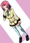  1girl blue_eyes code_geass kallen_stadtfeld knife nippori redhead sandwich school_uniform serafuku shoes solo thigh-highs 