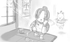  1girl bracelet breakfast closed_eyes cup dress final_fantasy final_fantasy_xi floating hair_bun jewelry jumper monochrome moogle morning pinafore_dress plate sketch solo table tarutaru teapot window 