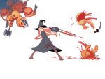  1girl battle blood chainsaw dress fighting halloween hat jack-o&#039;-lantern knife orange_hair pumpkin weapon white_background witch witch_hat 