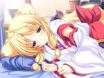  1girl animal_ears antenna_hair bed blonde_hair blue_eyes blush detached_sleeves fox fox_ears fox_tail game_cg hakama highres inakoi japanese_clothes kamishiro_mutsuki lying miko on_side pillow red_hakama sleeping solo tail tenmaso wallpaper 