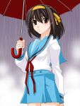  brown_hair rain school_uniform serafuku shinama short_hair suzumiya_haruhi suzumiya_haruhi_no_yuuutsu umbrella 