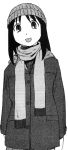  1girl azuma_kiyohiko azumanga_daioh beanie black_hair coat hat kasuga_ayumu monochrome scarf solo tongue white_background 