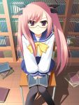 1girl book bookshelf gaou glasses library pink_hair school_uniform serafuku thigh-highs twintails violet_eyes 