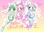  3girls akazutsumi_momoko bangs bare_legs blonde_hair blue_dress dress drill_hair full_body goutokuji_miyako gradient gradient_background green_dress green_hair hair_ornament hairclip hyper_blossom looking_at_viewer matsubara_kaoru multiple_girls powered_buttercup powerpuff_girls powerpuff_girls_z red_dress redhead rolling_bubbles short_hair short_twintails swept_bangs translation_request twintails two-tone_background 