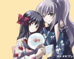  2girls adjusting_hair artist_request black_hair blue_hair fan fish grey_hair hair_ribbon hanazono_shizuma japanese_clothes kimono minamoto_chikaru multiple_girls paper_fan ponytail ribbon simple_background source_request strawberry_panic! uchiwa wallpaper yellow_eyes yukata 