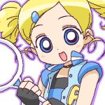  1girl :d blonde_hair blue_eyes bubble choker drill_hair fingerless_gloves gloves goutokuji_miyako hair_ornament hairclip looking_at_viewer lowres oekaki open_mouth outline oversized_object powerpuff_girls powerpuff_girls_z rolling_bubbles sidelocks smile solo twin_drills upper_body vest 
