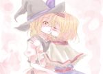  2girls alice_margatroid blonde_hair blush capelet closed_eyes female hairband hat hug incipient_kiss kirisame_marisa kiss multiple_girls open_mouth short_hair surprised sweat tadano_kagekichi touhou witch witch_hat yellow_eyes yuri 