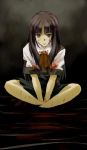  1girl blood bloody_clothes bow expressionless furude_rika higurashi_no_naku_koro_ni indian_style long_hair looking_at_viewer matsumoto_noriyuki pool_of_blood short_sleeves sitting skirt solo very_long_hair 