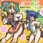  2girls aliasing artist_request bangs blonde_hair blue_hair blush broccoli_(company) bubble character_request crossover dancing fang ga_rune_pose galaxy_angel galaxy_angel_rune hair_ribbon hand_on_hip keep_out leotard lowres multiple_girls necktie pani_poni_dash! parody side_slit smile tail wrist_cuffs yellow_eyes 
